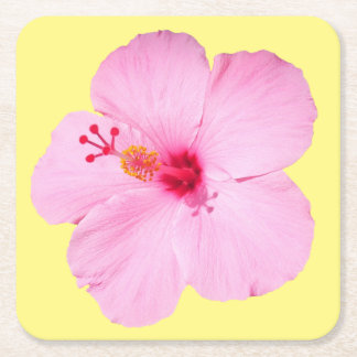 Pink Hibiscus Tropical Flower Square Paper Coaster