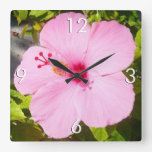 Pink Hibiscus Tropical Flower Square Wall Clock