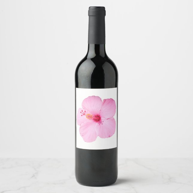 Pink Hibiscus Tropical Flower Wine Label (Front)