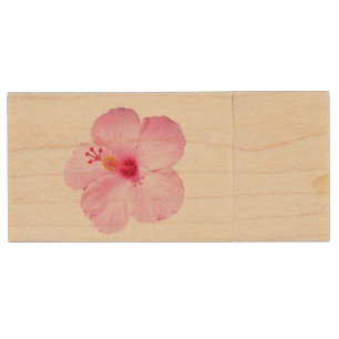 Pink Hibiscus Tropical Flower Wood Flash Drive