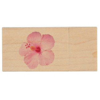Pink Hibiscus Tropical Flower Wood Flash Drive