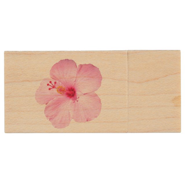 Pink Hibiscus Tropical Flower Wood Flash Drive (Front)