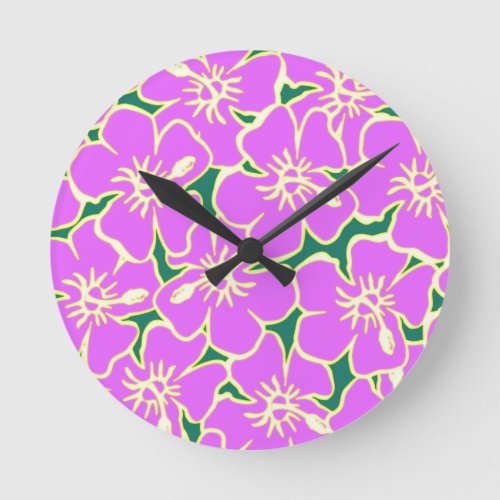 Pink Hibiscus Tropical Flowers Hawaiian Luau Party Round Clock