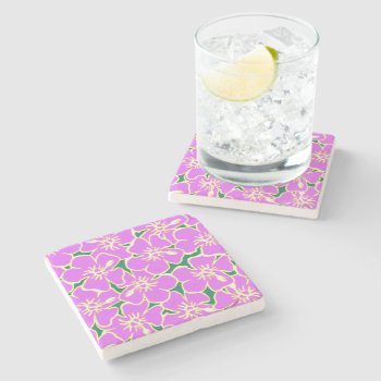 Pink Hibiscus Tropical Flowers Hawaiian Luau Party Stone Coaster by machomedesigns at Zazzle