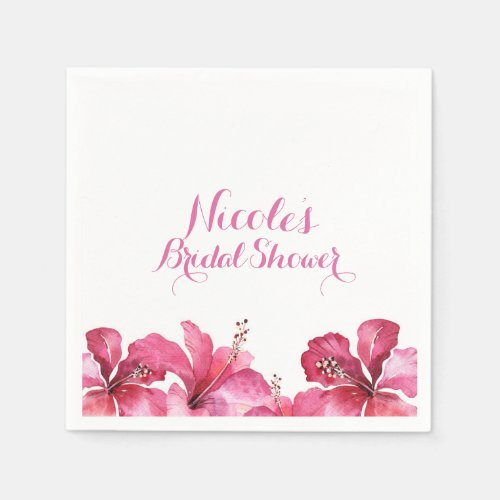Pink Hibiscus Tropical Flowers White Party Custom Paper Napkins