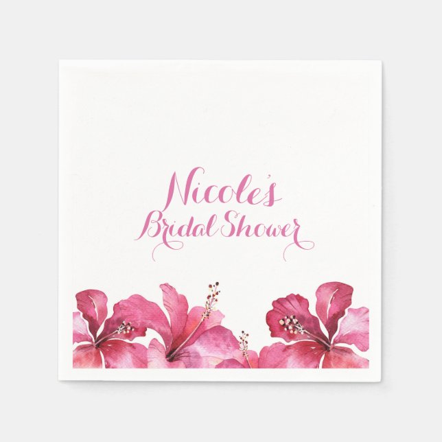 Pink Hibiscus Tropical Flowers White Party Custom Paper Napkins (Front)