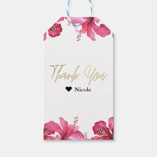 Pink Hibiscus Tropical Flowers White Party Favor Gift Tags