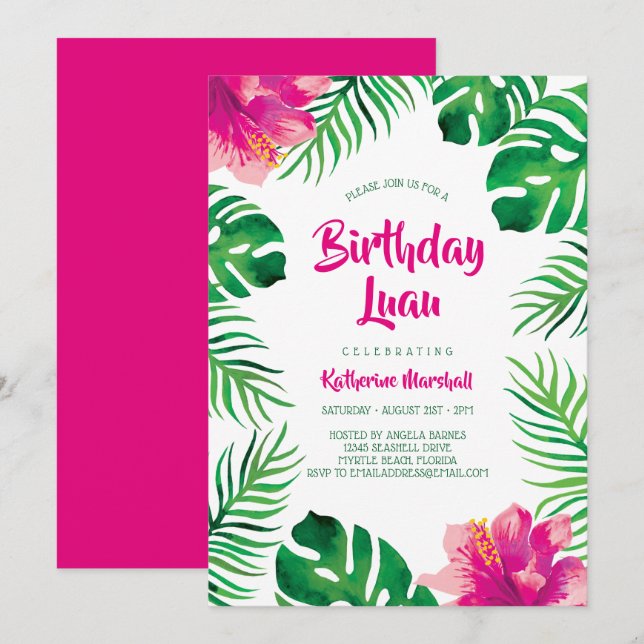 Pink Hibiscus Tropical Leaves Birthday Luau Invitation (Front/Back)