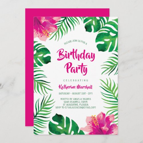 Pink Hibiscus Tropical Leaves Birthday Party Invitation