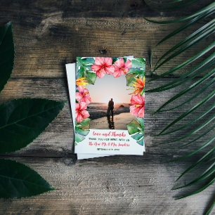 Pink Hibiscus Tropical Photo Wedding Thank You  Card