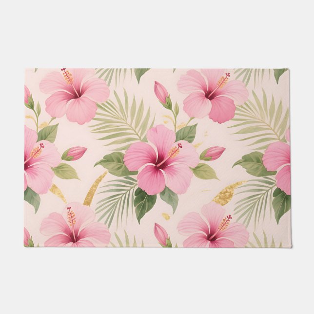 Pink Hibiscus Tropical Seamless Pattern Doormat (Front)