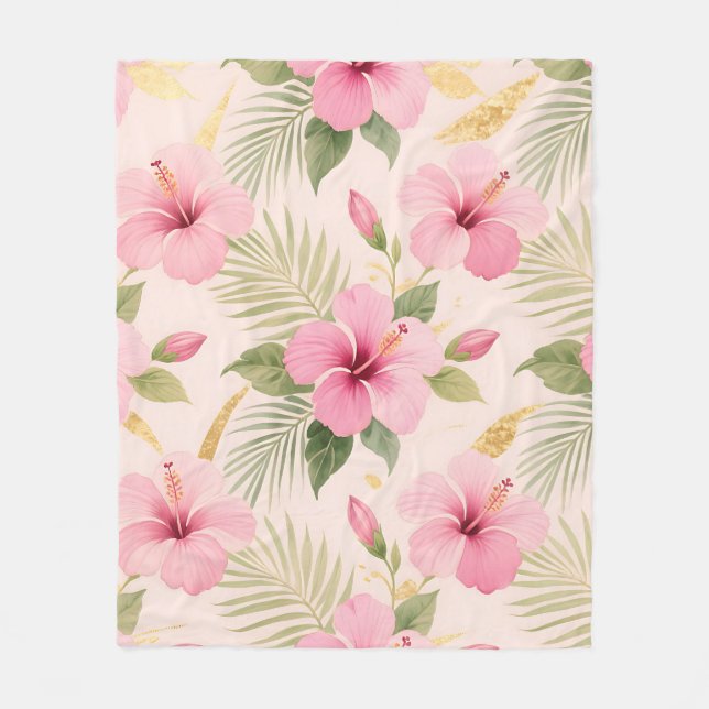 Pink Hibiscus Tropical Seamless Pattern Fleece Blanket (Front)