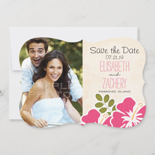 Pink Hibiscus Tropical Themed Save the Date Cards (Front)