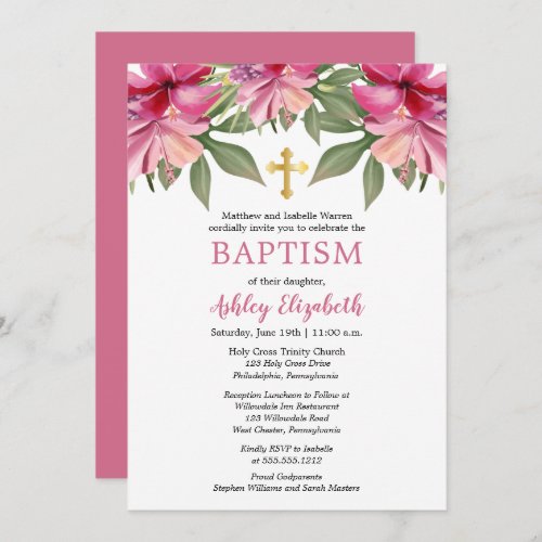 Pink Hibiscus Tropical Watercolor Floral Baptism Invitation