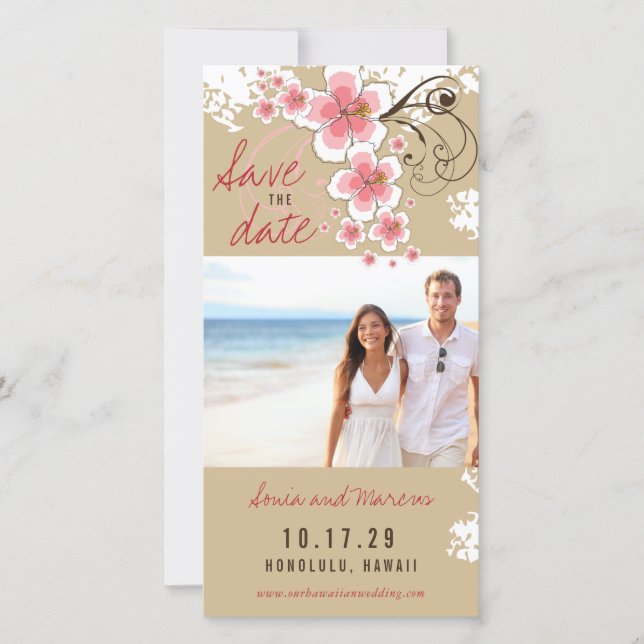 Pink Hibiscus Tropical Wedding Photo Save The Date (Front)