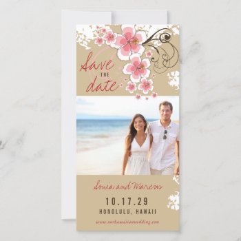 Pink Hibiscus Tropical Wedding Photo Save The Date by fatfatin_design at Zazzle