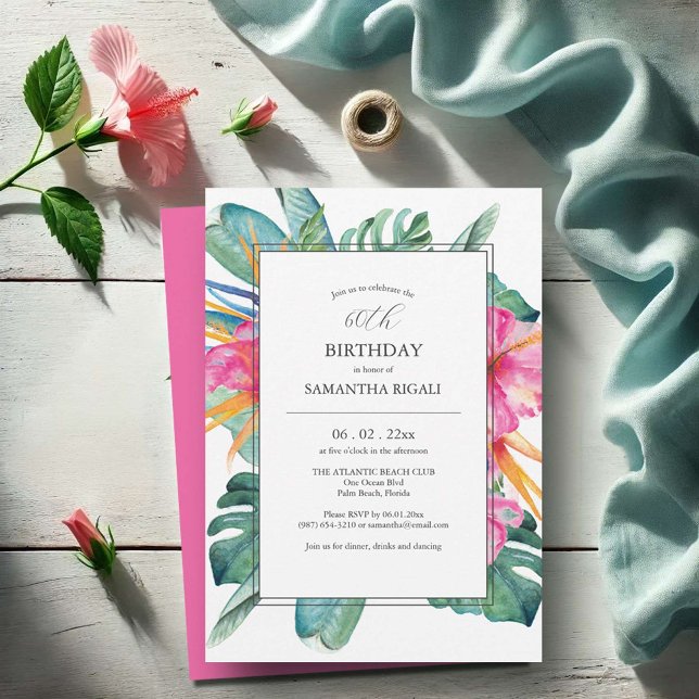 Pink Hibiscus Watercolor 60th Birthday Invites (60th birthday invitations for women pink tropical luau art by Victoria Grigaliunas)