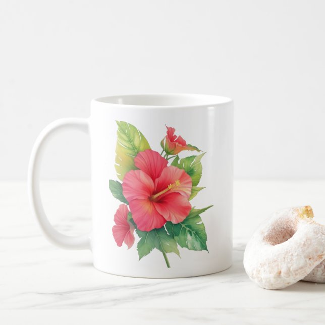 Pink Hibiscus Watercolor Flowers Coffee Mug (With Donut)