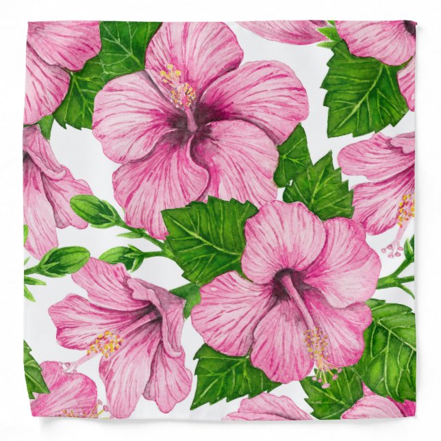 Pink hibiscus watercolor pattern bandana (Front)