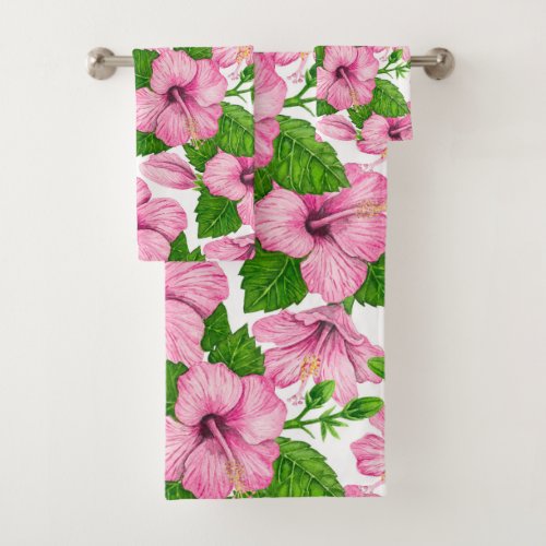 Pink hibiscus watercolor pattern bath towel set