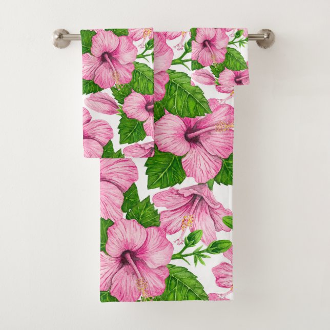 Pink hibiscus watercolor pattern bath towel set (Insitu)