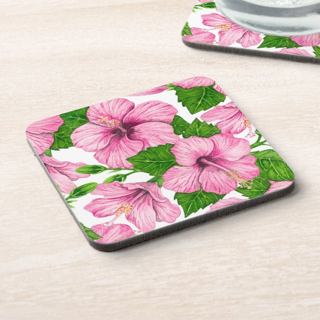 Pink hibiscus watercolor pattern beverage coaster (Left Side)