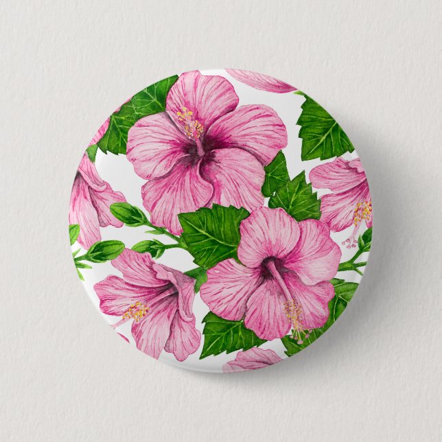 Pink hibiscus watercolor pattern button (Front)