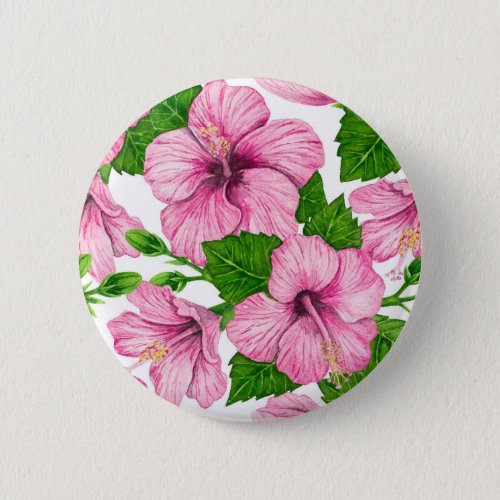 Pink hibiscus watercolor pattern button