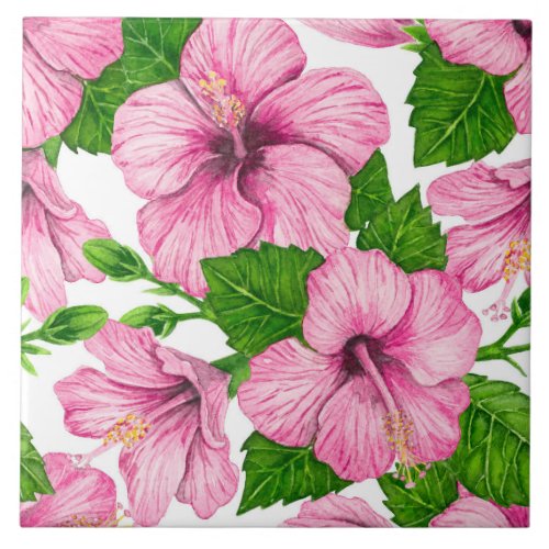 Pink hibiscus watercolor pattern ceramic tile