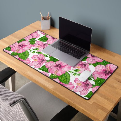 Pink hibiscus watercolor pattern desk mat