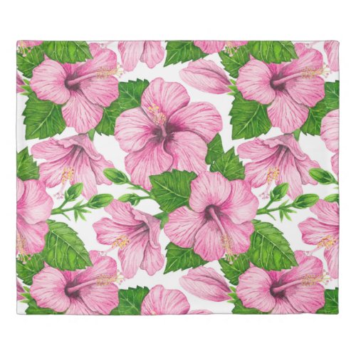 Pink hibiscus watercolor pattern duvet cover