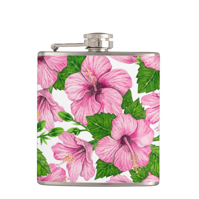 Pink hibiscus watercolor pattern flask (Front)