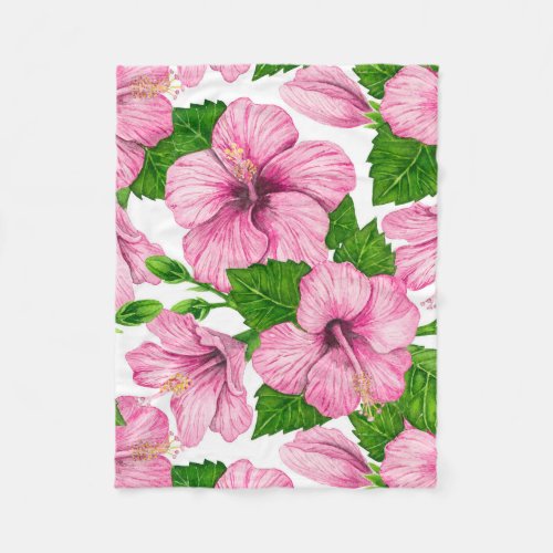 Pink hibiscus watercolor pattern fleece blanket