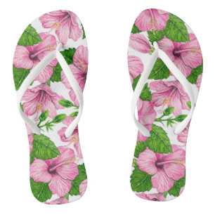 Pink hibiscus watercolor pattern flip flops