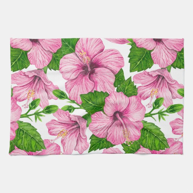 Pink hibiscus watercolor pattern kitchen towel (Horizontal)