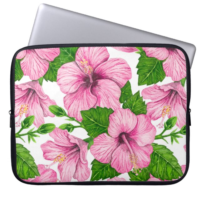 Pink hibiscus watercolor pattern laptop sleeve (Front)