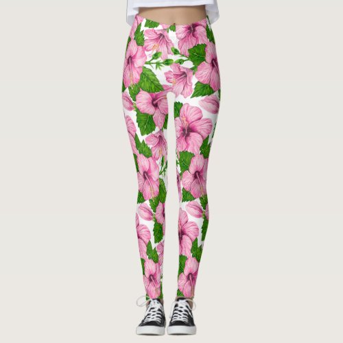 Pink hibiscus watercolor pattern leggings