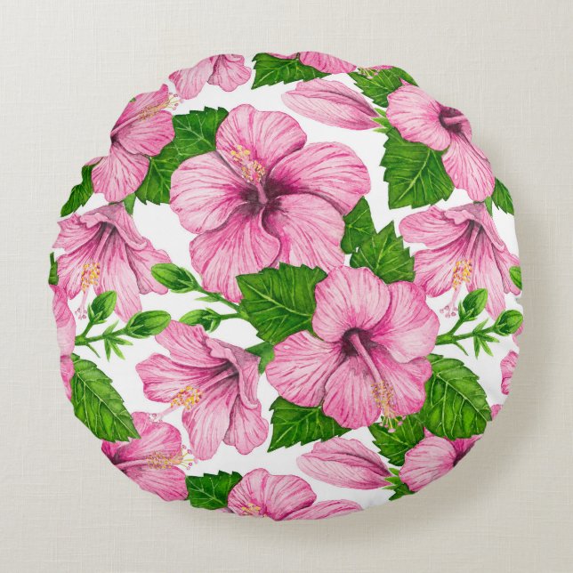 Pink hibiscus watercolor pattern round pillow (Front)