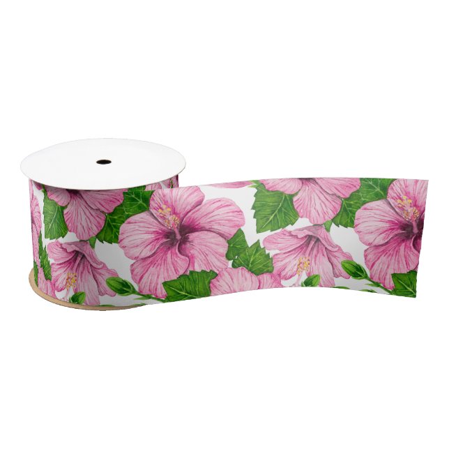 Pink hibiscus watercolor pattern satin ribbon (Spool)