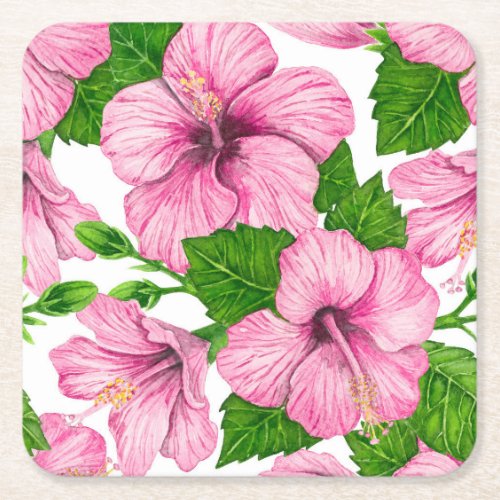 Pink hibiscus watercolor pattern square paper coaster