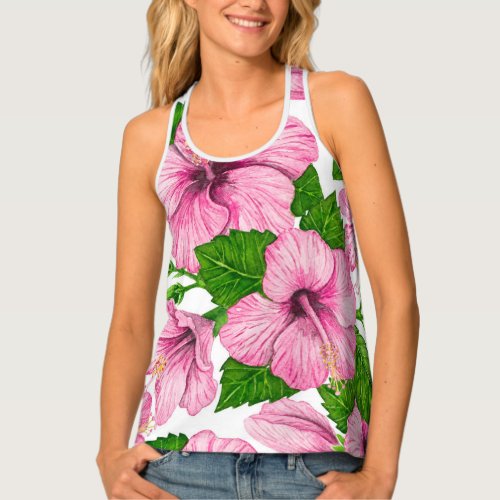 Pink hibiscus watercolor pattern tank top