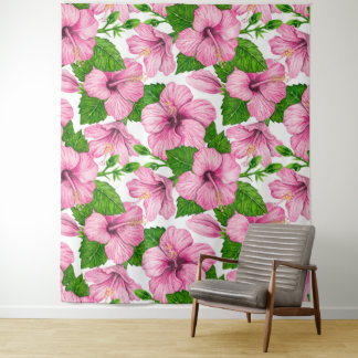 Pink hibiscus watercolor pattern tapestry
