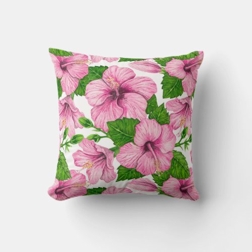 Pink hibiscus watercolor pattern throw pillow