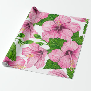 Pink hibiscus watercolor pattern wrapping paper