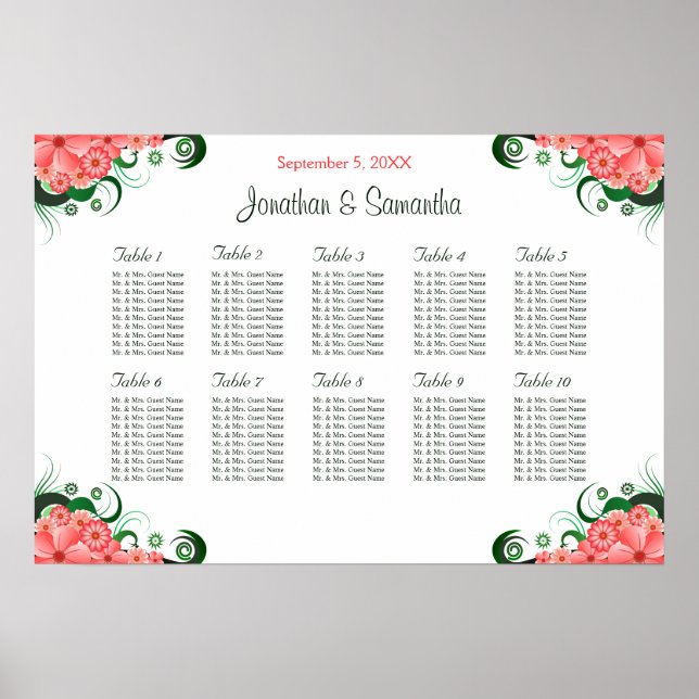 Pink Hibiscus Wedding 10 Tables Seating Charts (Front)