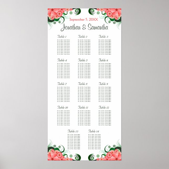 Pink Hibiscus Wedding 14 Tables Seating Charts (Front)