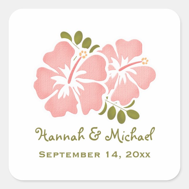 Pink Hibiscus Wedding Favor Sticker Seal (Front)