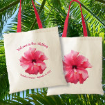 Pink Hibiscus Wedding Welcome Custom Tote Bag<br><div class="desc">Pink hibiscus wedding welcome bag. Tropical design with curved text at top and bottom. A beautiful pink flower image decorates both sides of this cloth tote. Personalize with welcome wording at the top and names and date at the bottom. Turn the bag to the other side after the wedding day...</div>