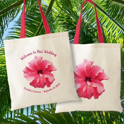 Pink Hibiscus Wedding Welcome Custom Tote Bag
