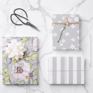 Pink Hibiscus Wildflower Grey White Stripe Wrapping Paper Sheets